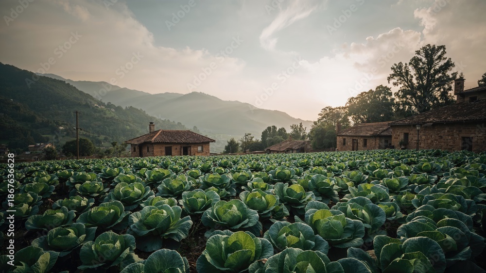 Fototapeta premium Lush green cabbage field with mountains in the background under a cloudy sky, rural landscape, agriculture, countryside, natural scenery