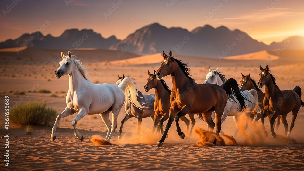 Fototapeta premium Horses running in desert landscape freely.
