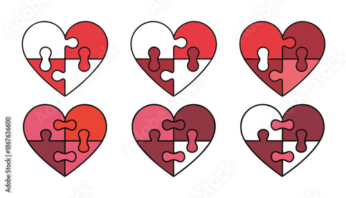 Puzzle Heart Icon Set. Love, Connection and Unity Symbols. Vector illustration eps 10