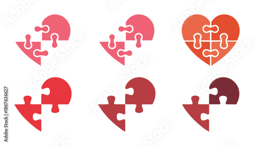 Puzzle Heart Pieces Icon Set. Love, Relationship and Connection Symbols. Vector illustration eps 10