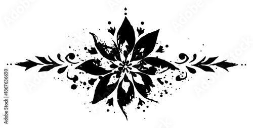 Decorative floral ornament with grunge ink spots and leaves