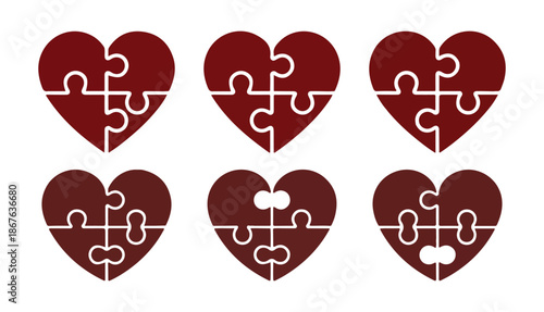 Puzzle Heart Pieces Icon Set. Love, Relationship and Connection Symbols. Vector illustration eps 10