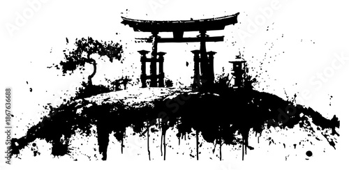 Grunge ink illustration of a Japanese torii gate on a hill