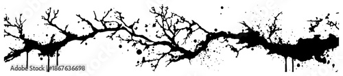 Horizontal black grunge tree branch with ink drips and splatter texture