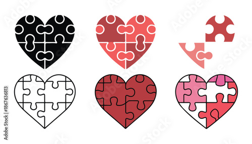 Puzzle Heart Icon Set. Love, Connection and Unity Symbols. Vector illustration eps 10