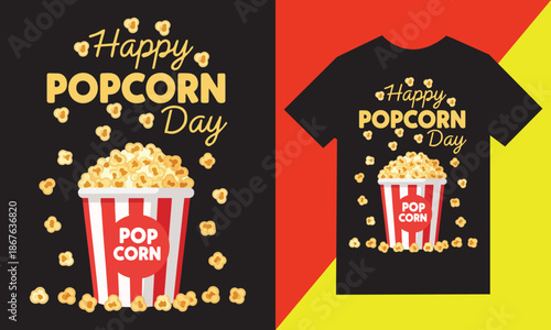 Happy popcorn day celebration t shirt design with a classic bucket and scattered kernels
