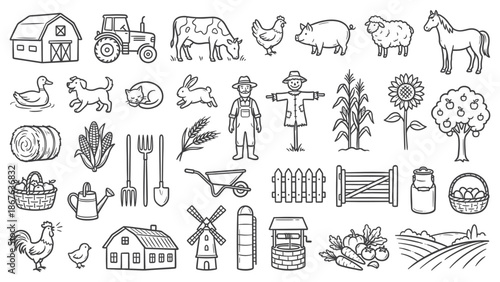 A collection of farm elements including animals, vehicles, and tools illustrated in a simple style