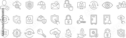 A collection of diverse linear icons depicting security user profiles communication settings and various digital protection elements in a minimalist style high-quality