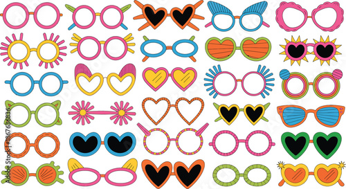 Funky party glasses collection with diverse shapes including hearts stars wings and flowers for photo booth props design
