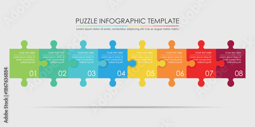 puzzle infographic design with 8 step, graph to describe the steps