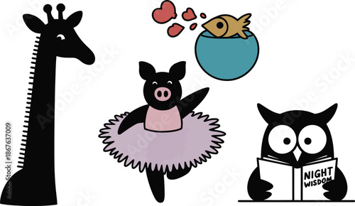 Funny animals and pets illustrations including tall giraffe dancing pig in tutu fish in bowl and owl reading a book set