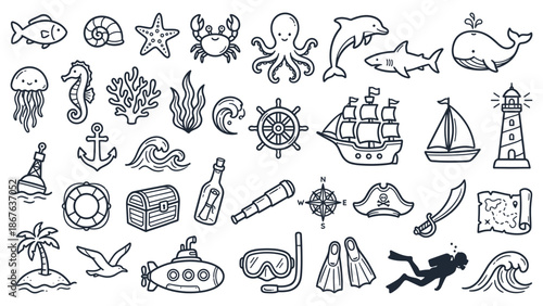 Various ocean elements and sea creatures illustrated in a collection of black and white icons