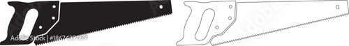 Silhouette and outline illustrations of a handsaw with handle