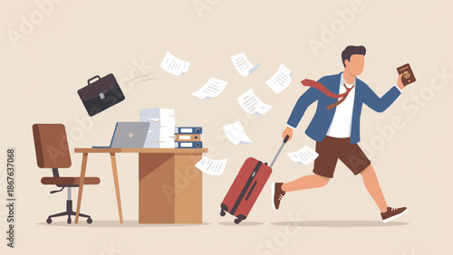 Businessman leaving office desk for vacation, holding passport and luggage