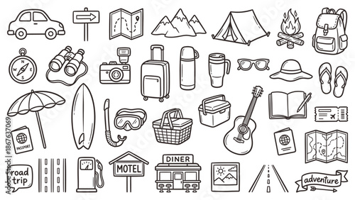 Travel icons collection featuring various vacation elements and activities