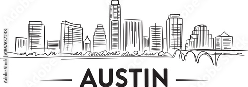 Austin skyline vector sketch with bridge and skyscrapers hand drawn city landscape background