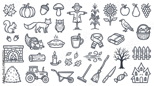 A serene autumnal scene with a farmer, animals, and harvest elements in a rural landscape viewed from a distance.