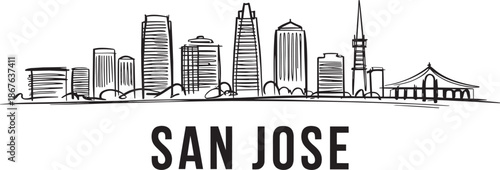 San jose california city skyline with landmark buildings hand drawn vector illustration and text