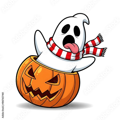 Halloween ghost pumpkin illustration with playful smiling ghost