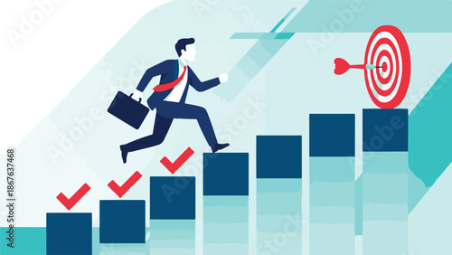 Ambitious businessman climbing steps to reach career goals and achieve success