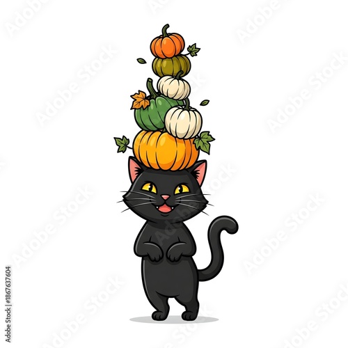 Halloween cat pumpkin illustration with playful black cat