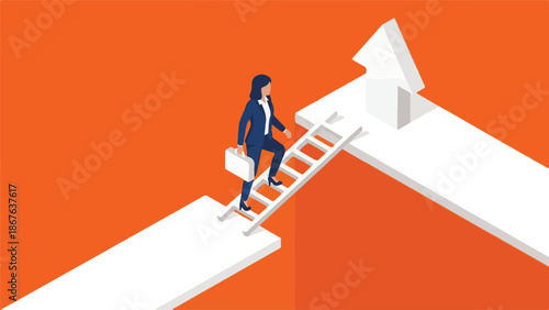 Businesswoman Climbing Ladder on Path to Success and Career Growth