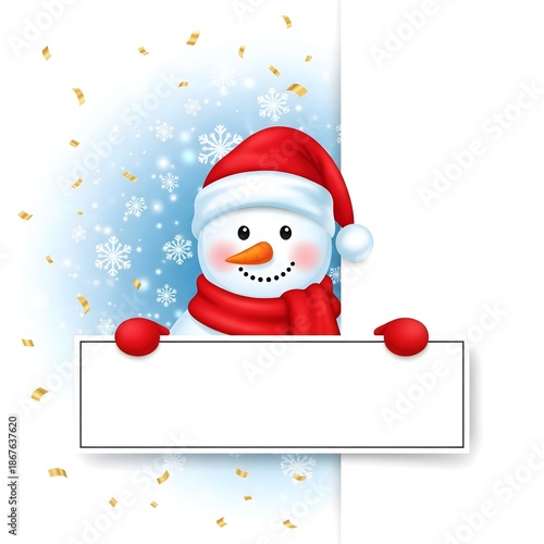 Snowman winter christmas illustration with blank festive sign background