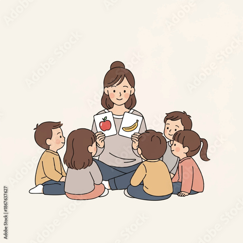 Teacher Engaging with Children in a Circle while Showing Fruits Illustrations