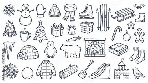 A collection of winter-themed illustrations including snowflakes, clothing, and festive objects, depicted in a simple line drawing style
