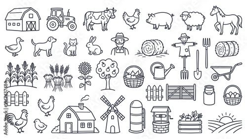 A serene rural landscape illustration featuring a farm, animals, and agricultural elements from a bird's eye view.