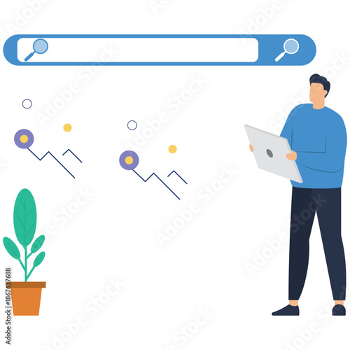 Flat vector style illustration of businessman hunting new job on virtual search box career exploration discover information website optimization stock illustration