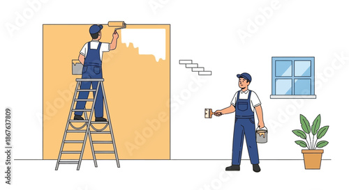 Painter on a ladder and assistant renovating a room with paint