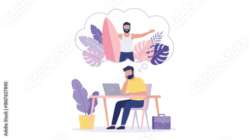 Businessman dreaming of tropical vacation with surfboard while working at laptop