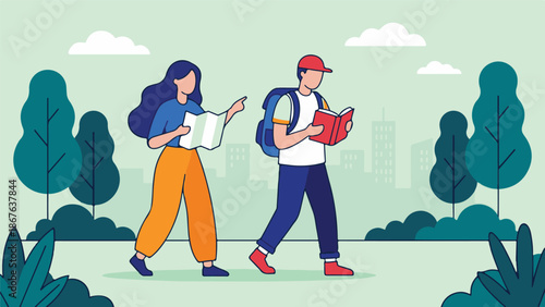 Two travelers exploring an urban park with map and book, flat design illustration