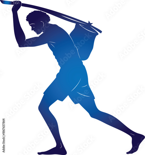 An illustrated silhouette capturing a man's determined walk, bearing a staff and simple satchel, symbolizing arduous journey, humble existence, and steadfast progress