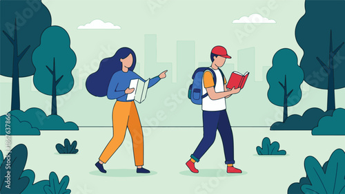 People with map and book exploring a city park with buildings in background