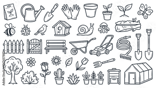 A collection of gardening tools and elements outlined in a simple illustration style