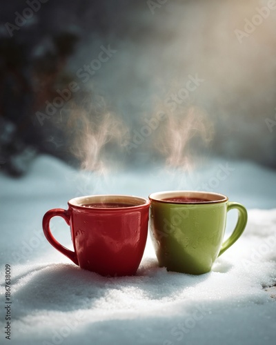 Two ceramic mugs with hot drinks standing on snow, visible steam rising in cold outdoor light.