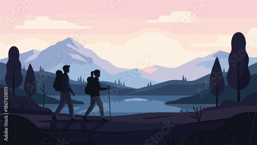 Hikers enjoying a serene mountain and lake landscape at sunrise