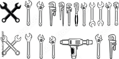 Hand tools wrench and adjustable spanner icons set with drill illustrated in black and white outline style for repair and construction concepts