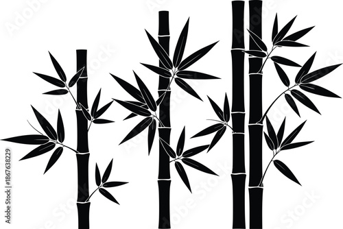 Bamboo plant silhouette illustration with leaves and stems, minimalist Asian botanical design, black vector nature artwork isolated on white background