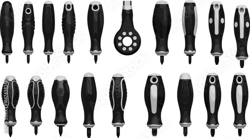 Screwdriver handle set in various ergonomic designs isolated on white background, black and gray vector illustration for tools and hardware concepts