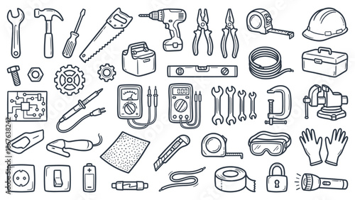 Assorted tools and equipment neatly arranged, showcasing various instruments for construction and DIY projects in a detailed illustration.