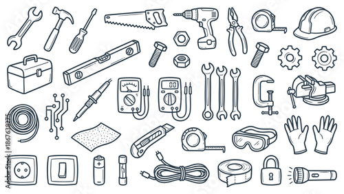 Various tools and equipment for construction and DIY projects are neatly arranged against a clean white background.