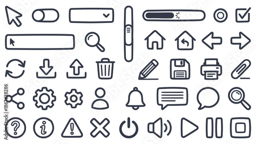 A collection of icons representing digital interface elements and user interaction tools displayed on a clean white background
