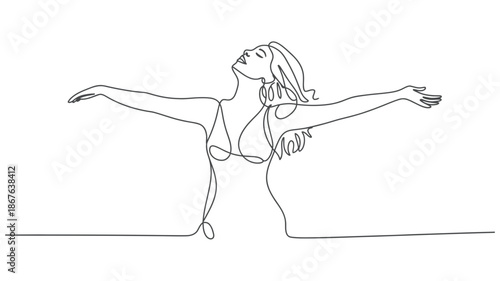 A captivating continuous line art drawing of a woman embracing freedom with outstretched arms