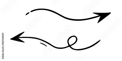 Arrow hand drawn doodle direction twist indicator, pointer scroll element. swirly various dynamic UI interface shape navigation cursor sign. Marker follow cue minimalistic symbol. Isolated. Vector