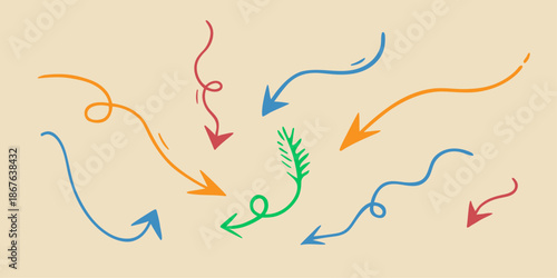 Arrow hand drawn doodle direction twist indicator, pointer scroll element. swirly various dynamic UI interface shape navigation cursor sign. Marker follow cue minimalistic symbol. Isolated. Vector