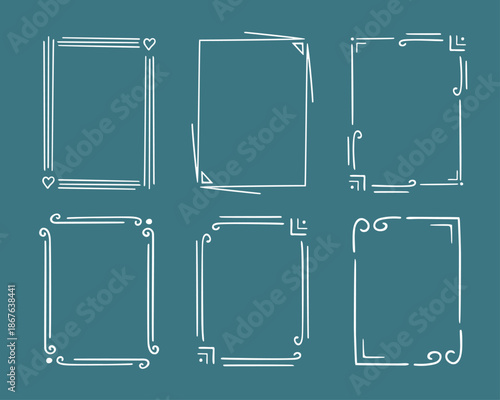 Rectangular doodle frame stamp set, hand-drawn original creative engagement monograms. Edgings cadres with graphic elements, design photo decoration greeting cadres. Isolated. Vector illustration