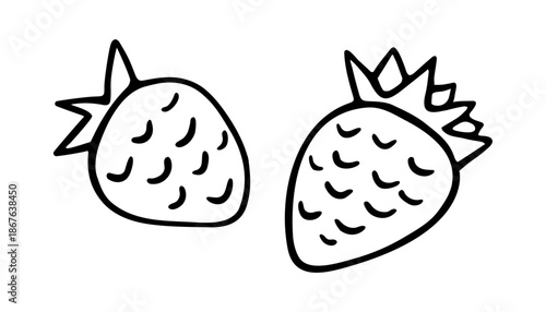 Hand-drawn Strawberries Doodle Style With Seeds And Leaves. Summer Fruit, Sweetness, Organic Healthy Vegan Nature Cartoon Sketch, Outline Minimal Fresh Symbol. Isolated. Vector Illustration